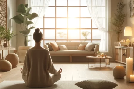 Person meditating in a serene indoor setting with natural light.