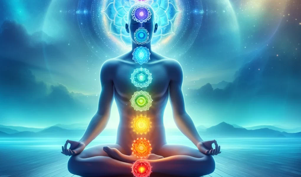 A serene scene depicting the seven chakras in a meditative context, with a person sitting in a lotus position and glowing spheres representing each chakra along the spine.