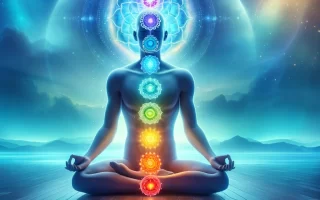 A serene scene depicting the seven chakras in a meditative context, with a person sitting in a lotus position and glowing spheres representing each chakra along the spine.